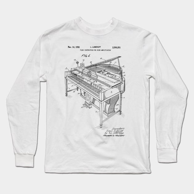 Piano Player Gifts - 1950 Grand Piano Patent Print Long Sleeve T-Shirt by MadebyDesign